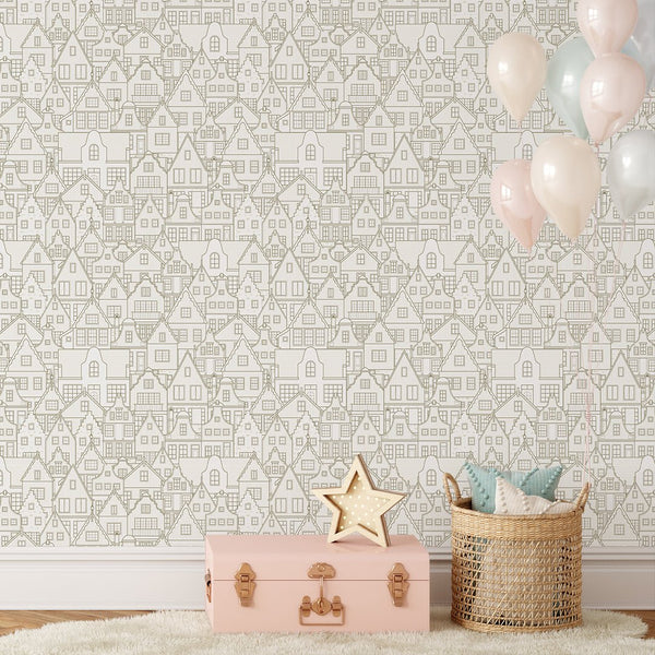 Neutral City Houses Wallpaper CC312 - CostaCover - Peel and stick Removable Wallpaper - Abstract - abstract wallpaper - accent wallpaper