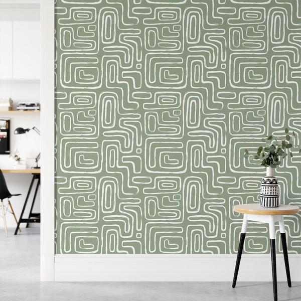 Olive Boho Line Wallpaper W009 - CostaCover - Peel and stick Removable Wallpaper - Abstract - abstract lines - abstract wall art