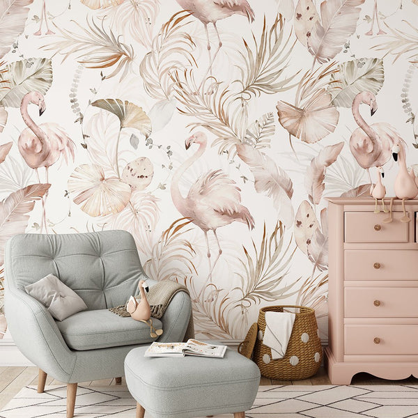 Palm Leaves & Flamingos Wallpaper W006 - CostaCover - Peel and stick Removable Wallpaper - adhesive wallpaper - baby bedroom - bedroom interior
