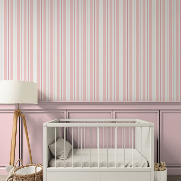 Elegant Pink Vertical Stripes wallpaper with alternating narrow and broader stripes, made from eco-friendly materials, suitable for a traditional unpasted application.