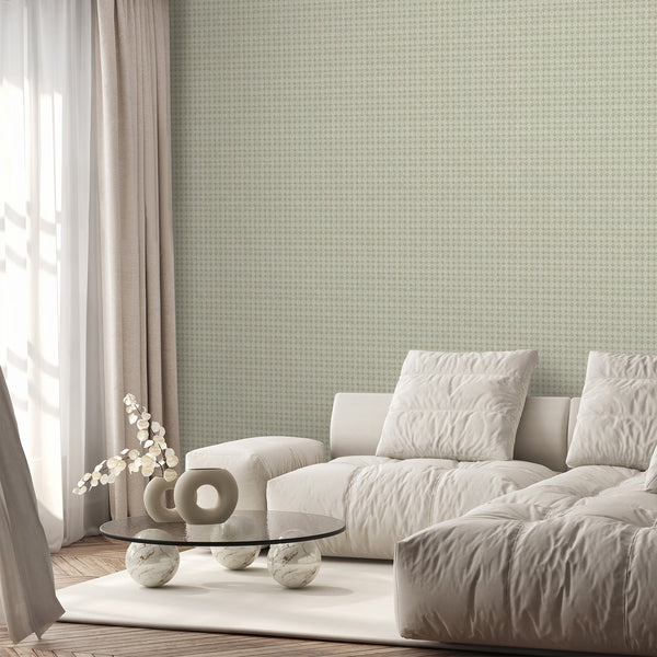 Sage green and neutral damask wallpaper featuring faded floral motifs and a weathered finish, perfect for a farmhouse bedroom or vintage living room.