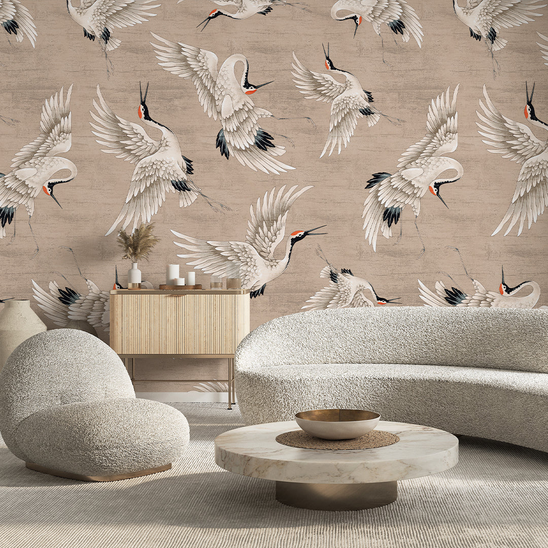 Flying Beige Japanese Cranes Wall Mural WM117