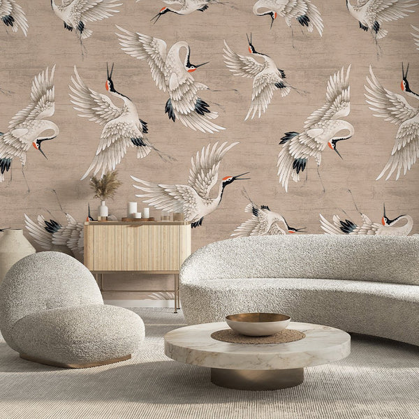 Flying Beige Japanese Cranes Wall Mural WM117 - CostaCover - Peel and stick Removable Wallpaper - abstract wallpaper - accent wallpaper - adhesive wallpaper