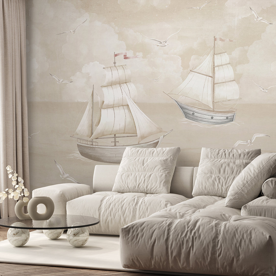 Vintage Beige Sailboats Wall Mural AM153