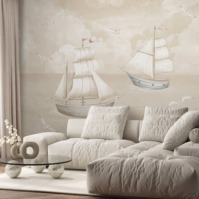 Vintage Beige Sailboats Wall Mural AM153