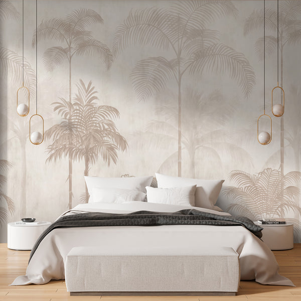 Neutral palm tree wall mural with delicate beige tropical foliage and softly layered trees, ideal for a modern bedroom or living room accent wall.