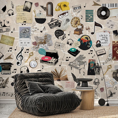 Beige Vintage Music Collage Wall Mural SM107