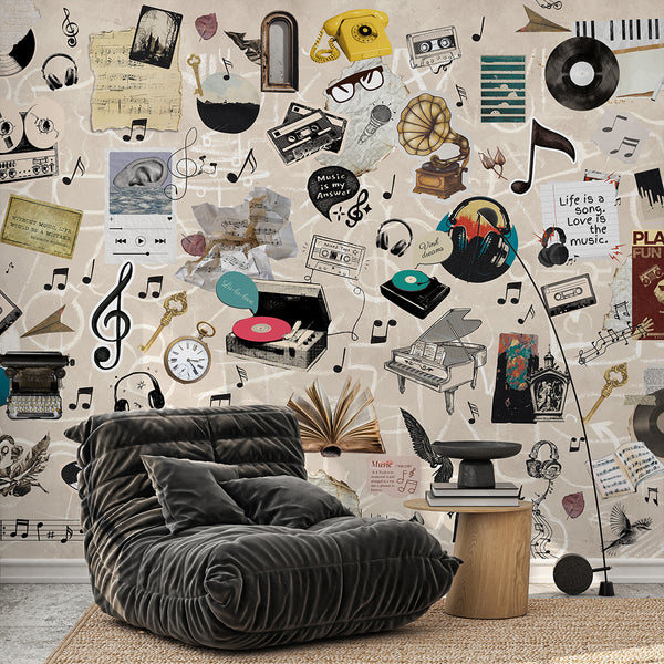 Beige Vintage Music Collage Wall Mural SM107