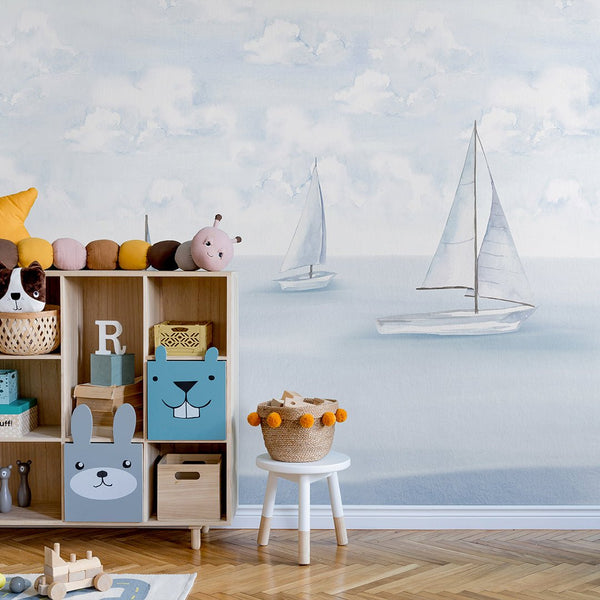 Pastel Blue Sailboats Wall Mural AM154 - CostaCover-Peel and stick Removable Wallpaper-accent wallpaper-adhesive wallpaper-baby bedroom