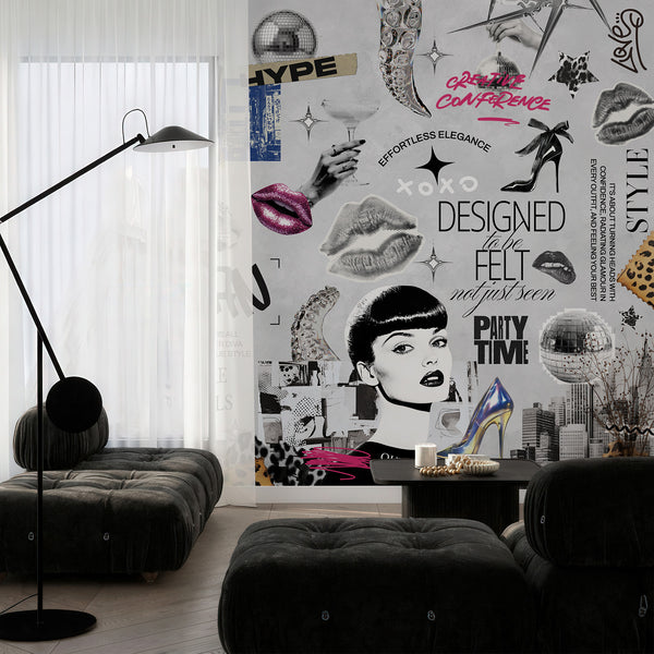 Fashion-forward wall mural with leopard prints, glitter details, and graffiti-style text, creating a dramatic backdrop for lounges or studios.