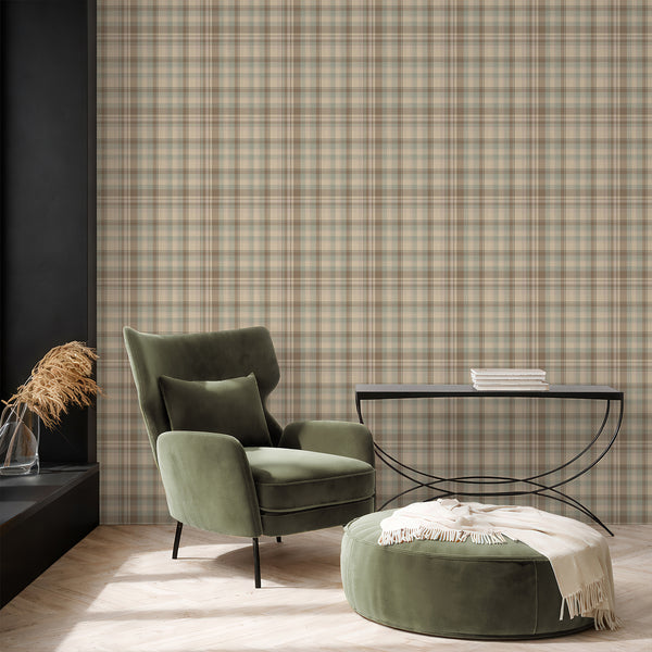 Vintage geometric wallpaper featuring a beige brown tartan check design with subtle green undertones for a farmhouse bedroom or cozy home office.