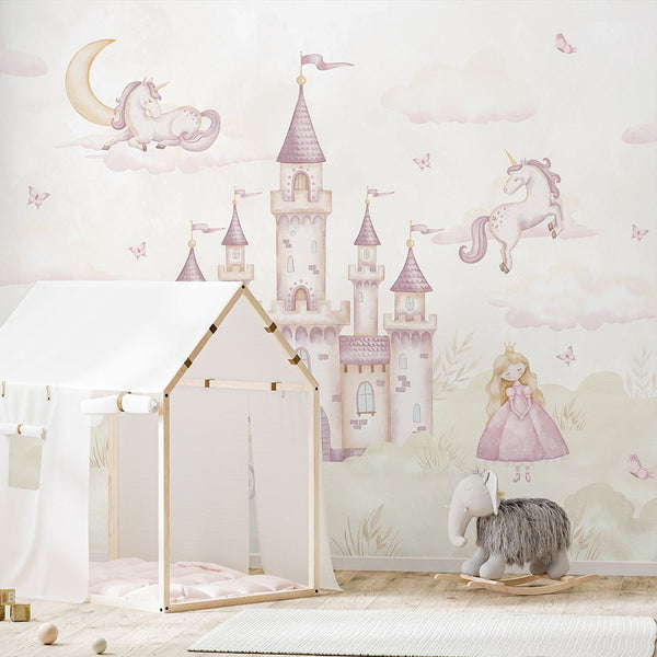 Pink Green Magical Kingdom Wall Mural AM131 - CostaCover-Peel and stick Removable Wallpaper-accent wallpaper-adhesive wallpaper-baby bedroom