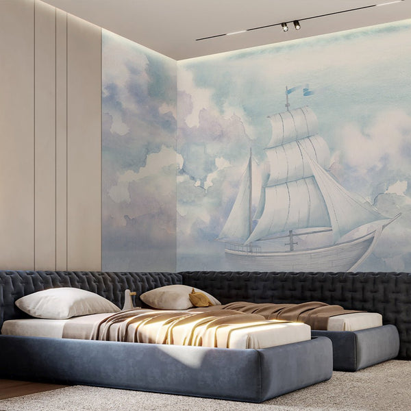 Sailboat & Cloudy Sky Wall Mural AM155 - CostaCover-Peel and stick Removable Wallpaper-accent wallpaper-adhesive wallpaper-baby bedroom