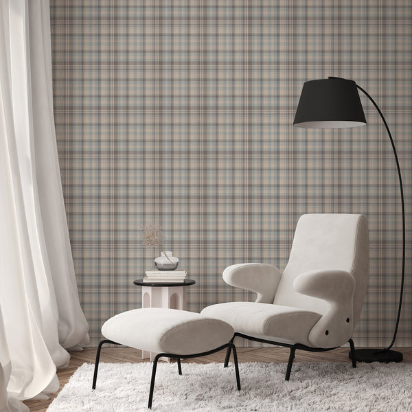 Soft blue gray and beige plaid wallpaper featuring overlapping vertical and horizontal stripes, creating a timeless checked design for farmhouse decor.