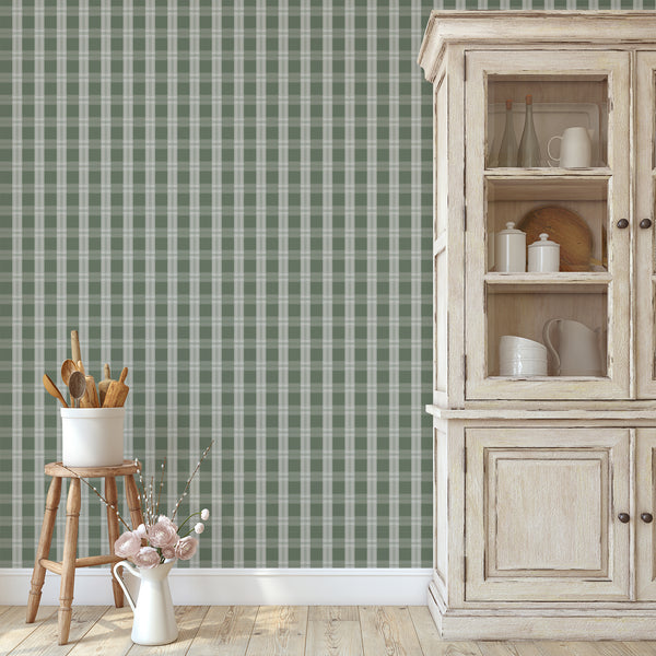 Green checkered wallpaper featuring deep green blocks, soft gray-green stripes, and delicate linear details for home interiors.