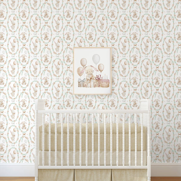 Bunny Flower Wreath Wallpaper S109 - CostaCover - Peel and stick Removable Wallpaper - accent wallpaper - adhesive wallpaper - animal print