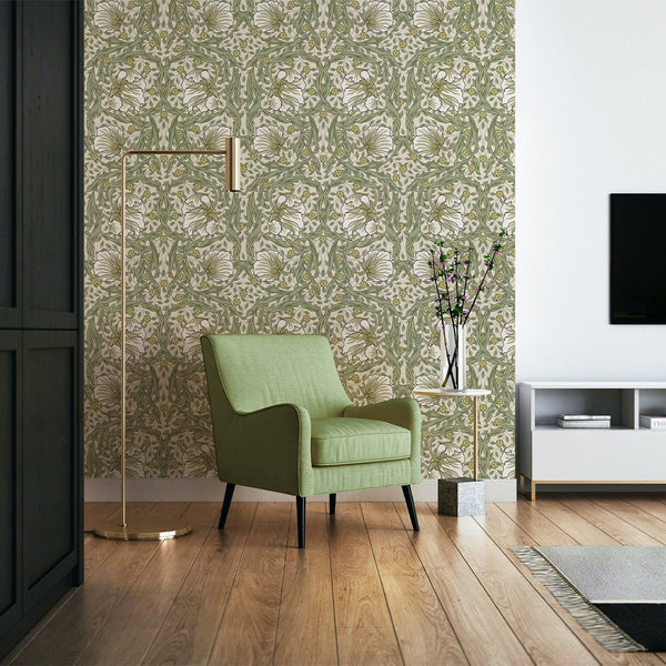 White & Green Pimpernel by Morris Wallpaper W083 - CostaCover - Peel and stick Removable Wallpaper - abstract floral - abstract wall art - abstract wallpaper
