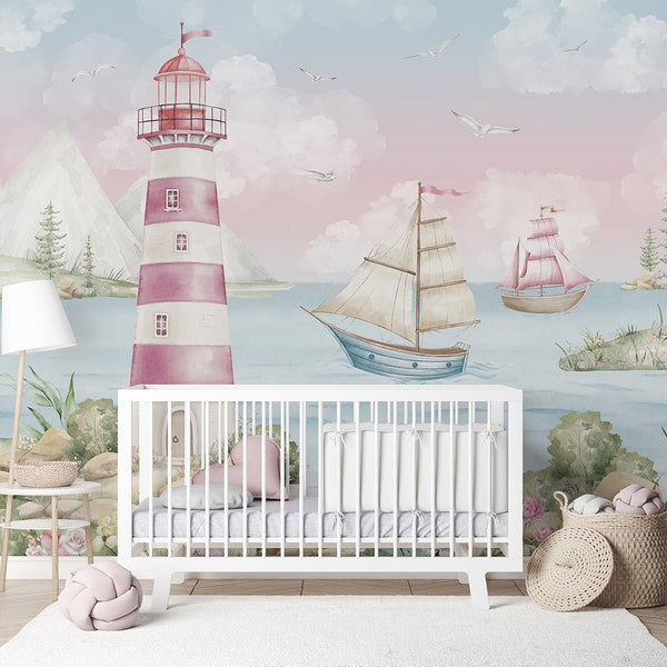 Pink Nautical Lighthouse Wall Mural AM159 - CostaCover-Peel and stick Removable Wallpaper-accent wallpaper-adhesive wallpaper-baby bedroom