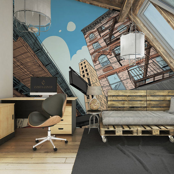 Street Bridge Comics Style Wall Mural CCM184 - CostaCover - Peel and stick Removable Wallpaper - Abstract - Abstract Labyrinth Lines - abstract lines