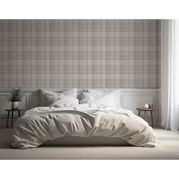 Neutral tartan wall mural with warm beige, soft gray and taupe tones, adding classic country cottage character to a living room or home office.