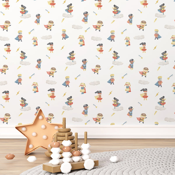 Watercolor kids room wallpaper featuring superhero boys and girls in colorful capes with clouds, stars and lightning details on a clean white background.