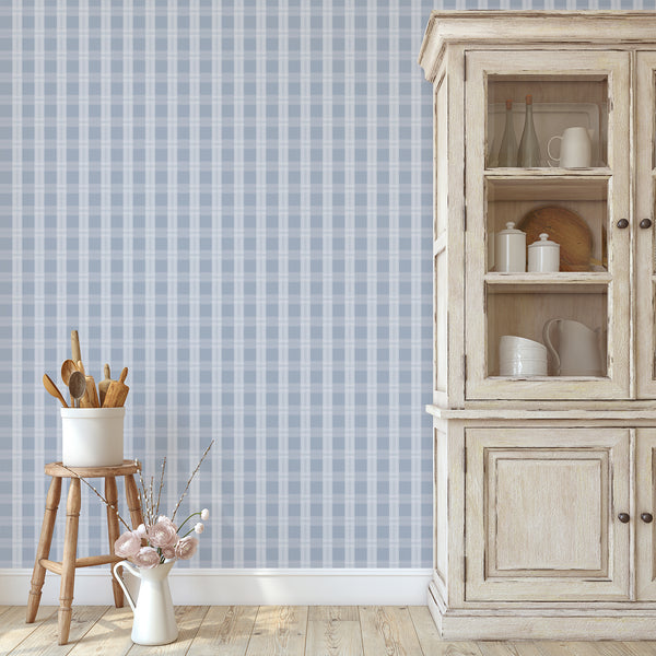 Blue checkered wallpaper featuring wide dusty blue blocks, pale white stripes, and delicate linear details for coastal or farmhouse interiors.