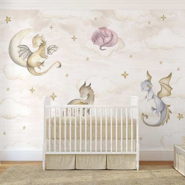 Beige Sky and Dragons Wall Mural SM033 - CostaCover - Peel and stick Removable Wallpaper - accent wallpaper - adhesive wallpaper - baby bedroom