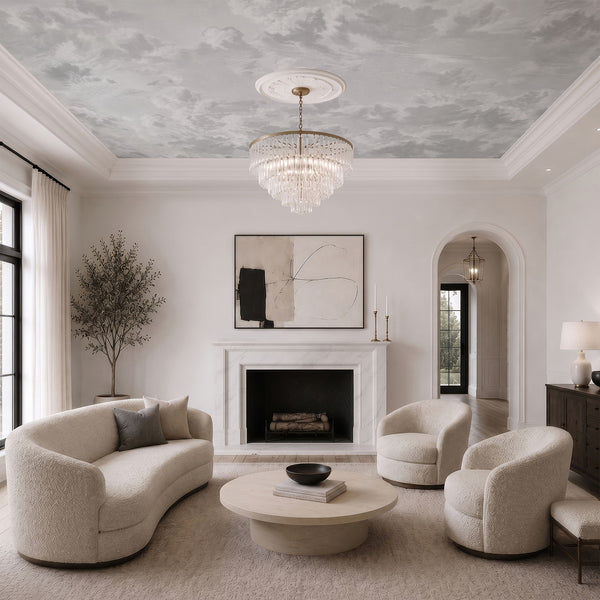 Soft gray cloud wallpaper with layered white and gray clouds, offering a dreamy neutral sky design for a nursery, bedroom, or kids room accent wall.