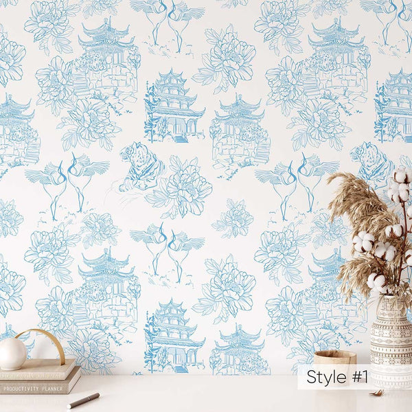 Chinoiserie Tiger Pagoda Wallpaper CC260 - CostaCover - Peel and stick Removable Wallpaper - accent wallpaper - adhesive wallpaper - adhesive wallpaper design