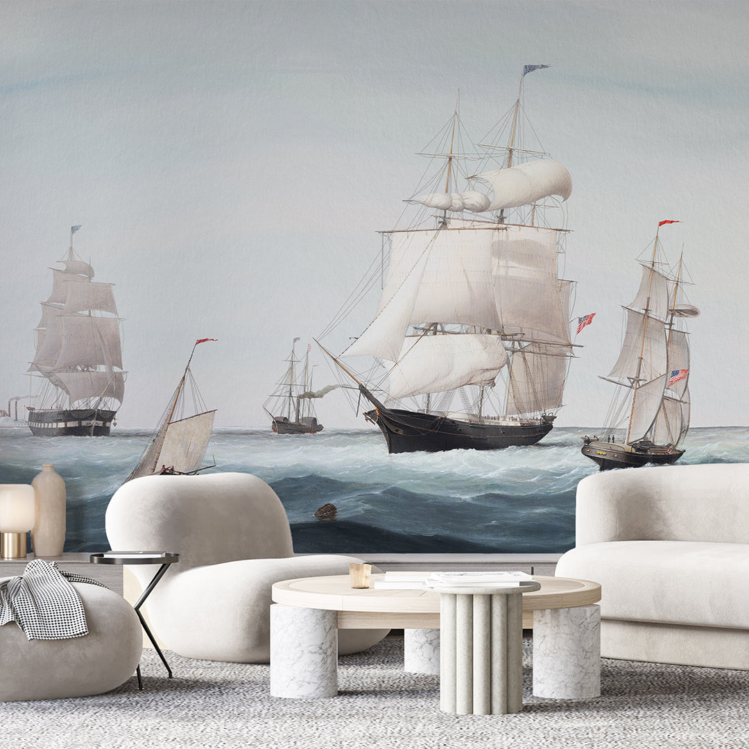 Vintage Blue Sailboats Wall Mural AM161