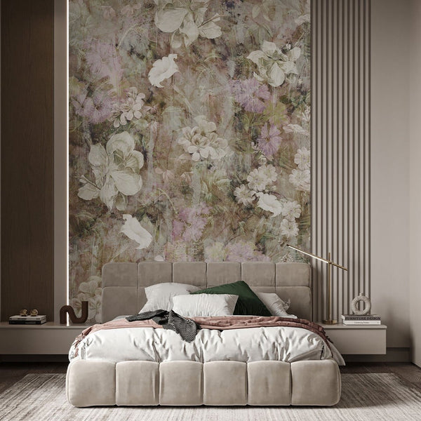 Beige Vintage Flowers Garden Wall Mural SM046 - CostaCover - Peel and stick Removable Wallpaper - abstract floral - accent wallpaper - adhesive wallpaper