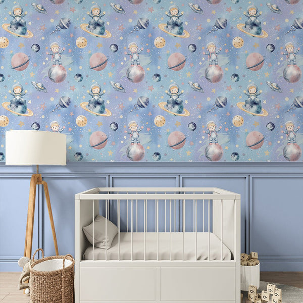 Blue Astronauts & Planets Wallpaper S117 - CostaCover-Peel and stick Removable Wallpaper-accent wallpaper-adhesive wallpaper-bathroom wallpaper