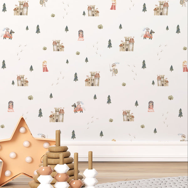 Fairytale kingdom wallpaper featuring watercolor castles, princesses, medieval knights and evergreen trees in soft neutral colors for a kids bedroom.