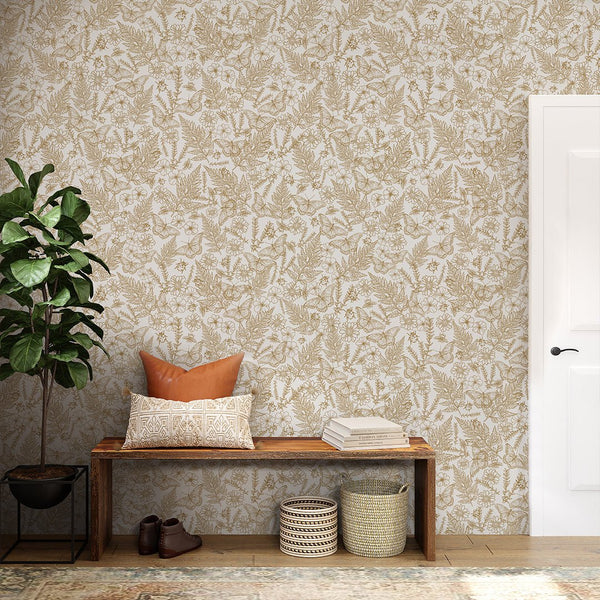 Beige Butterflies & Plants Wallpaper W157 - CostaCover - Peel and stick Removable Wallpaper - abstract floral - abstract wallpaper - accent wallpaper