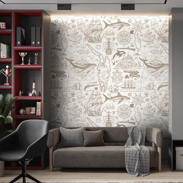 Beige Nautical Sketch Wallpaper A092 - CostaCover-Peel and stick Removable Wallpaper-abstract wall art-abstract wallpaper-accent wallpaper