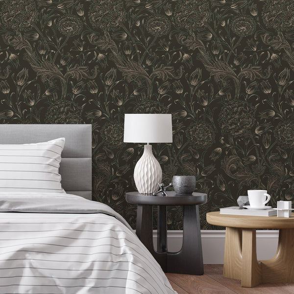 Brown Wild Tulip by Morris Wallpaper W112 - CostaCover - Peel and stick Removable Wallpaper - abstract floral - abstract lines - abstract wall art