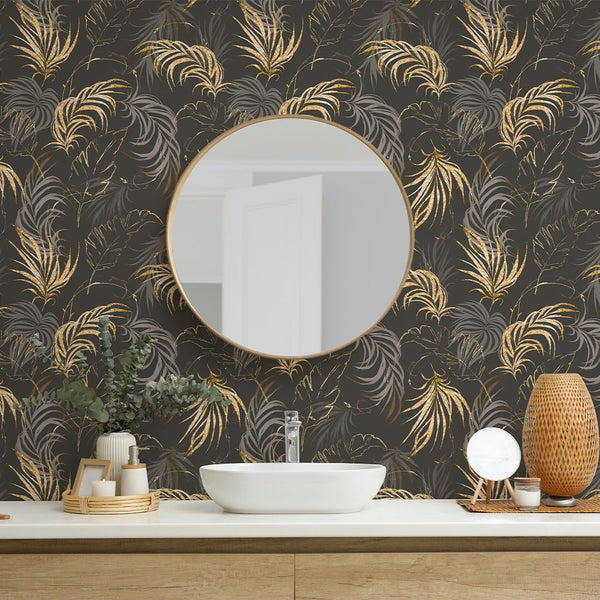 Brown & Gold Palm Leaves Wallpaper W134 - CostaCover - Peel and stick Removable Wallpaper - Abstract Beige Gold Stripes Waves Removable Wallpaper near me - abstract wall art - abstract wallpaper