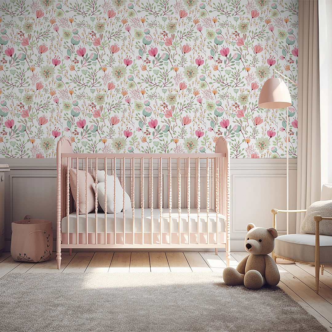 Pink Green Floral Wallpaper CC345