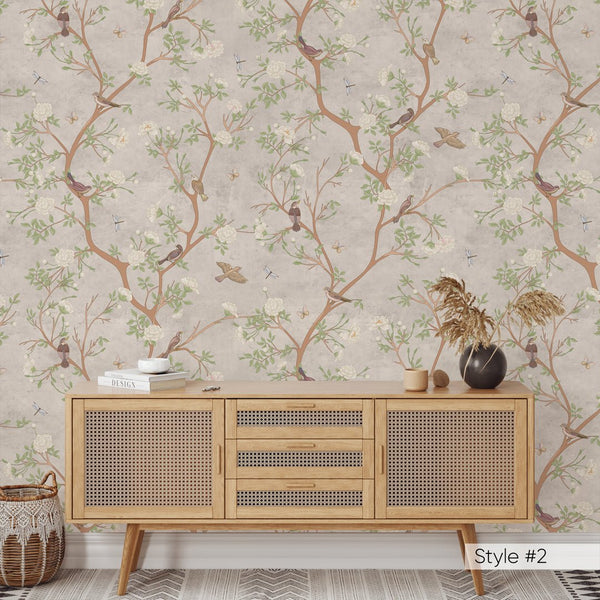 Green Blossom Trees & Birds Wallpaper W056 - CostaCover - Peel and stick Removable Wallpaper - abstract wallpaper - adhesive wallpaper - baby bedroom
