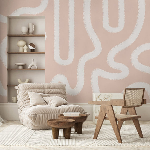 Peach Fuzz & White Lines Wall Mural AM045 - CostaCover - Peel and stick Removable Wallpaper - about walls - Abstract - Abstract Labyrinth Lines