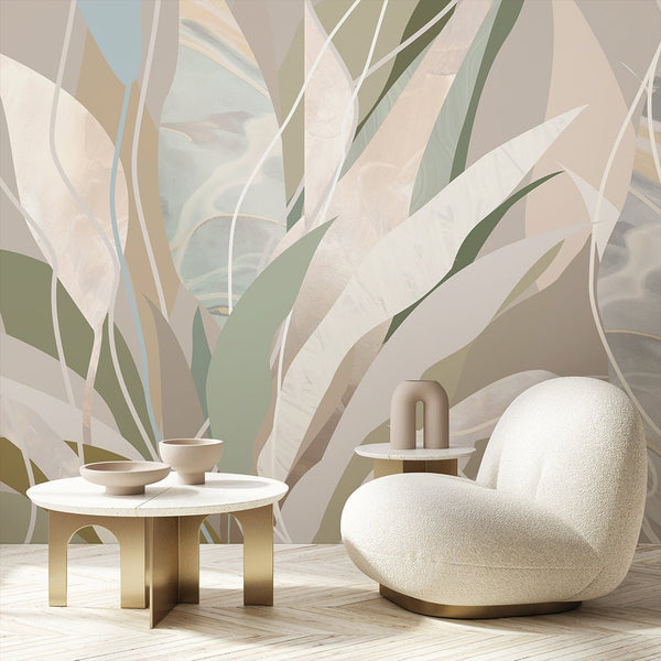 Beige Green Leaves Wall Mural AM079 - CostaCover - Peel and stick Removable Wallpaper - about walls - Abstract - abstract floral