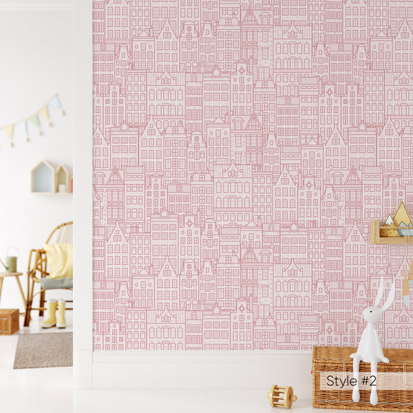 Blue Pink Beige City Houses Wallpaper CC311 - CostaCover - Peel and stick Removable Wallpaper - Abstract - Abstract Labyrinth Lines - abstract lines