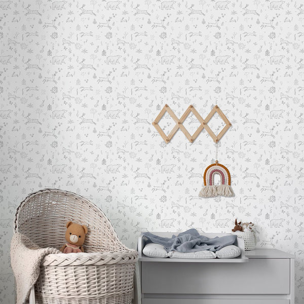 Gray Forest Animals Wallpaper S034 - CostaCover - Peel and stick Removable Wallpaper - abstract forest - abstract lines - accent wallpaper