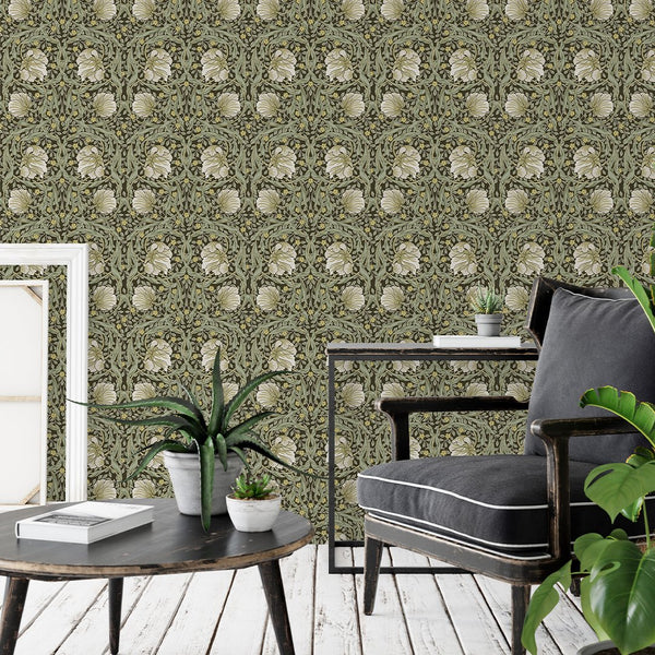 Dense botanical wallpaper with looping vines and cream-white blossoms, suitable for adding character to entryways.