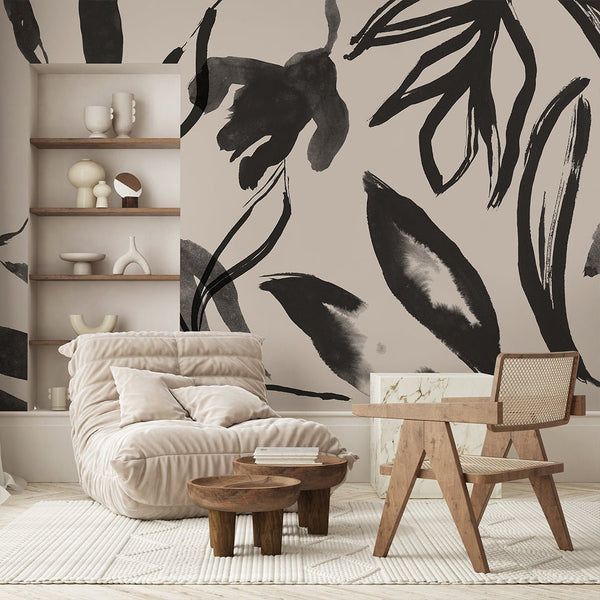 Black Beige Floral Wall Mural AM037 - CostaCover - Peel and stick Removable Wallpaper - about walls - Abstract - abstract floral