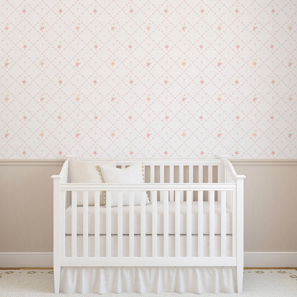 Watercolor ballet bunny wallpaper featuring a dancing rabbit, pink bows, and a small tulip motif for a sweet baby girl nursery or kids bedroom.
