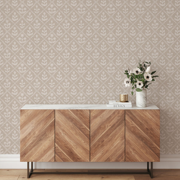 Beige Linen Floral Lattice Wallpaper L121