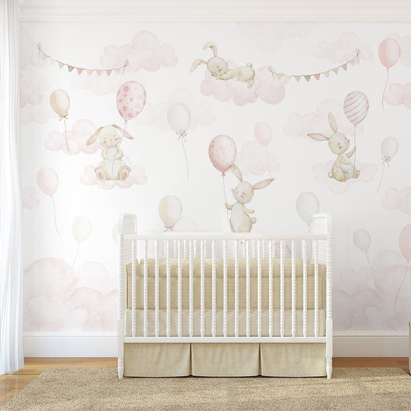 Beige Pink Bunny & Balloons Wall Mural SM079 - CostaCover - Peel and stick Removable Wallpaper - abstract wall art - abstract wallpaper - accent wallpaper
