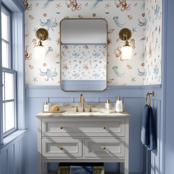 Blue Beige Undersea World Wallpaper CC353 - CostaCover - Peel and stick Removable Wallpaper - Abstract - abstract wallpaper - accent wallpaper