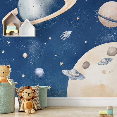 Blue Beige Planets in Space Wall Mural SM092